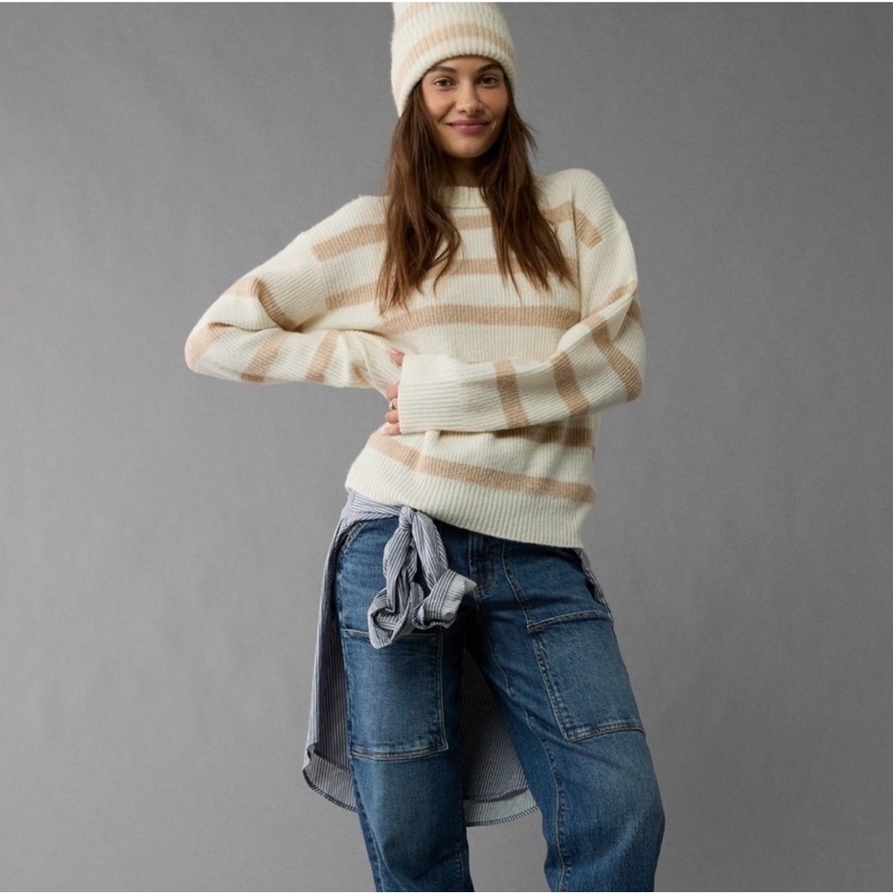 AE Tan Striped Crew Neck Sweater